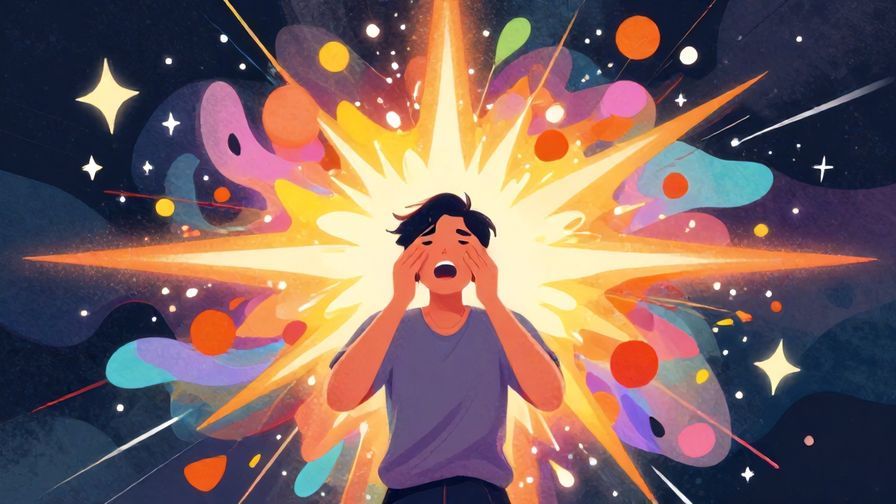 Illustration of an energetic burst of colorful light and petals around a person showing strong emotion, with abstract shapes and stars