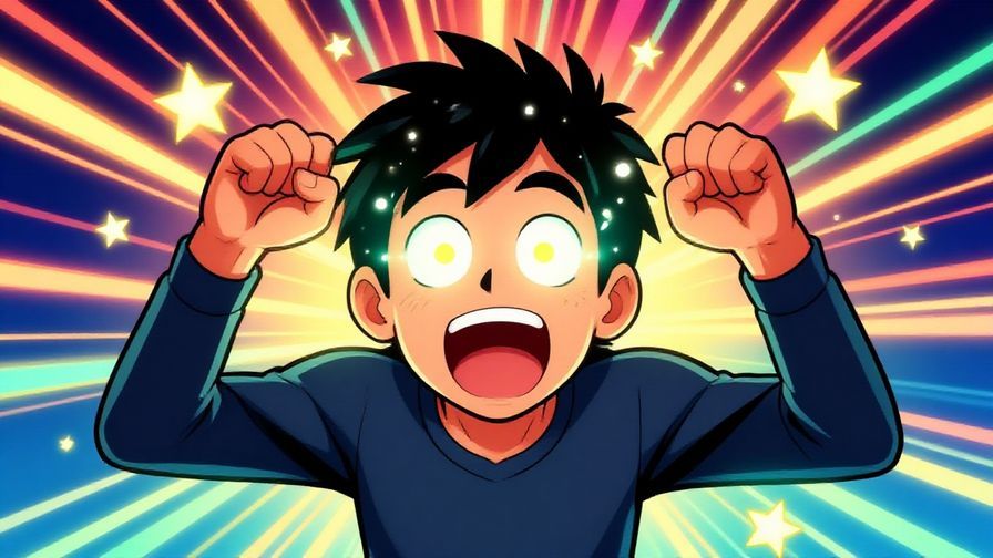 Illustration of an energetic character with sparkling eyes and hands clenched in excitement, surrounded by stars and light rays, vivid colors