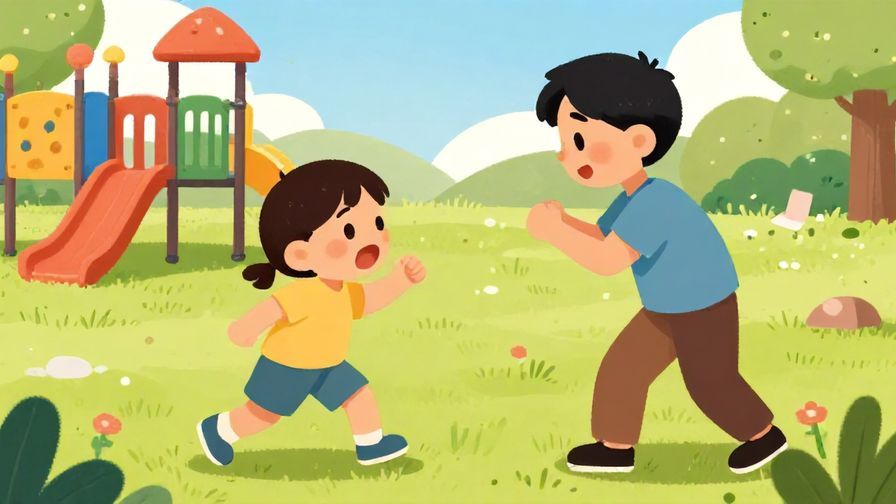 Illustration of an excited child playfully challenging a friend, bright sunny playground background, vibrant colors, illustrated style