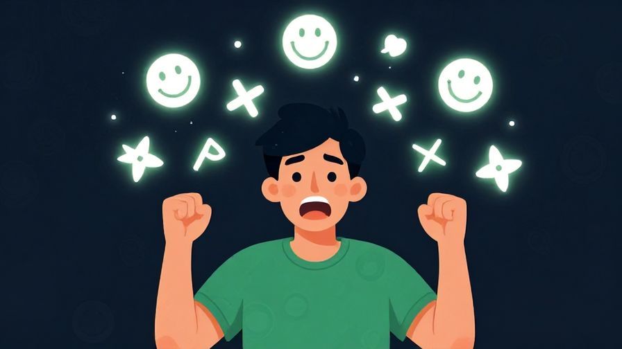 Illustration of an excited person with both fists raised, surrounded by glowing symbols of luck and happiness