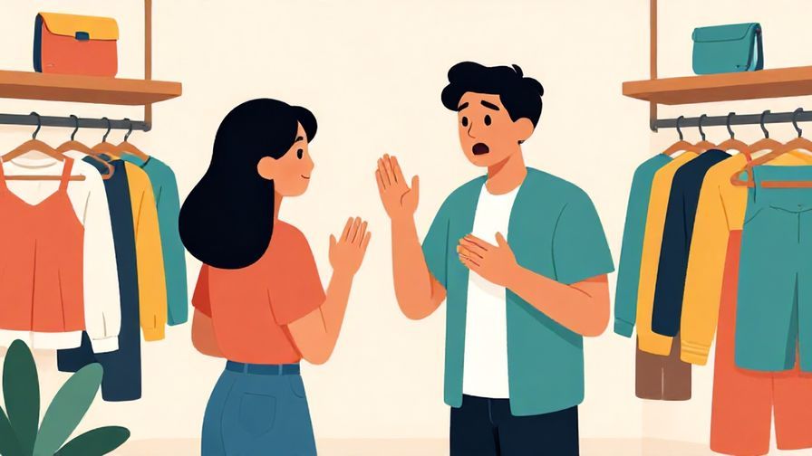 Illustration of an excited shopper eagerly asking to see different sizes in a casual, colorful clothing store