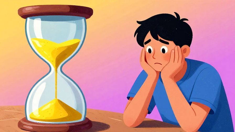 Illustration of an hourglass running out of sand with a person watching anxiously, vibrant colors, illustrated style