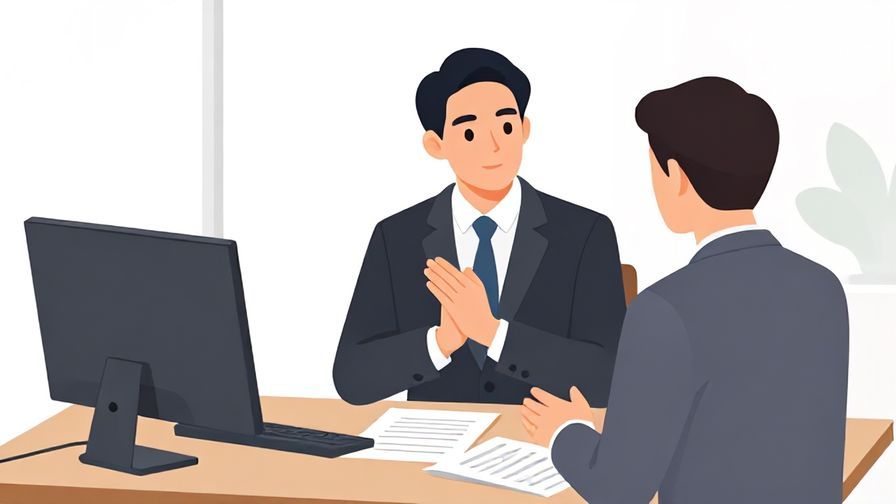 Illustration of an office manager politely denying a request, with official documents on a desk