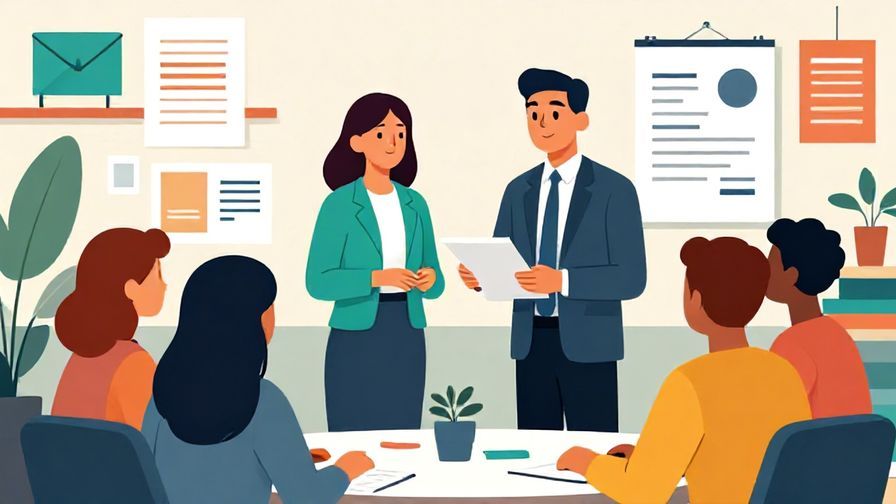 Illustration of an office setting where a manager is setting clear policies with attentive employees, detailed background, vibrant colors, illustrated style