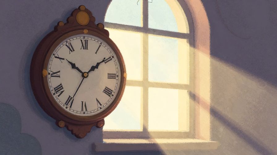 Illustration of an old clock with soft light rays shining through a window, symbolizing healing and resolution over time, warm pastel colors, illustrated style