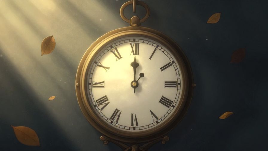 Illustration of an old clock with softly glowing hands surrounded by drifting leaves and light rays, calm and reflective atmosphere