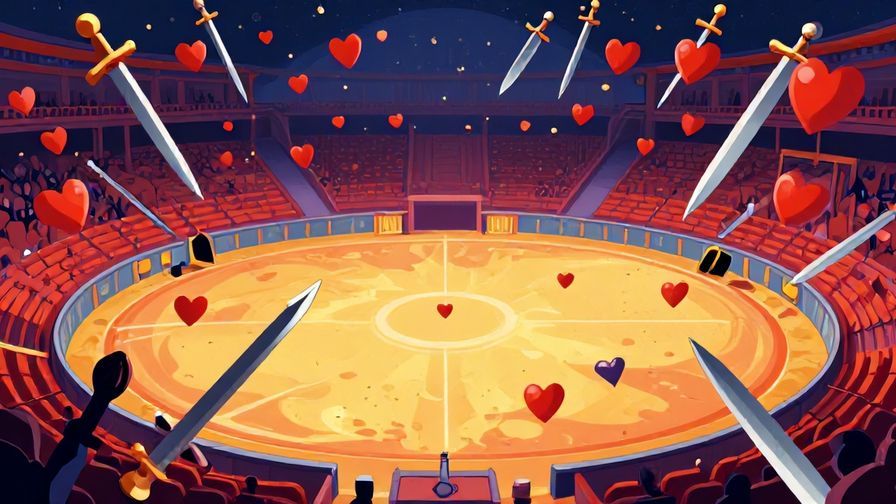 Illustration of an open arena with hearts and swords flying freely, vibrant and expressive