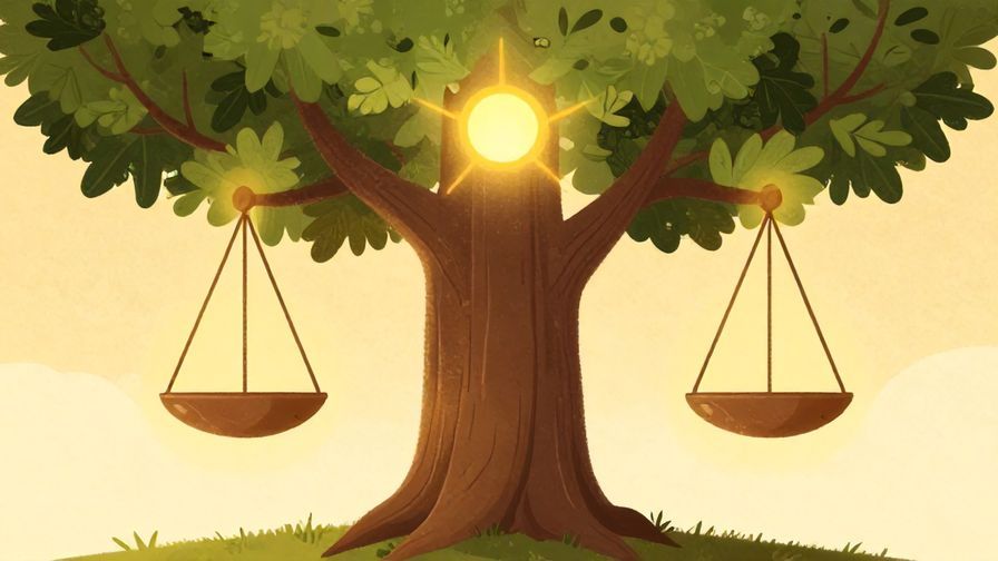 Illustration of balanced scales under a sacred tree with glowing light, symbolizing justice and karmic balance, warm and natural colors