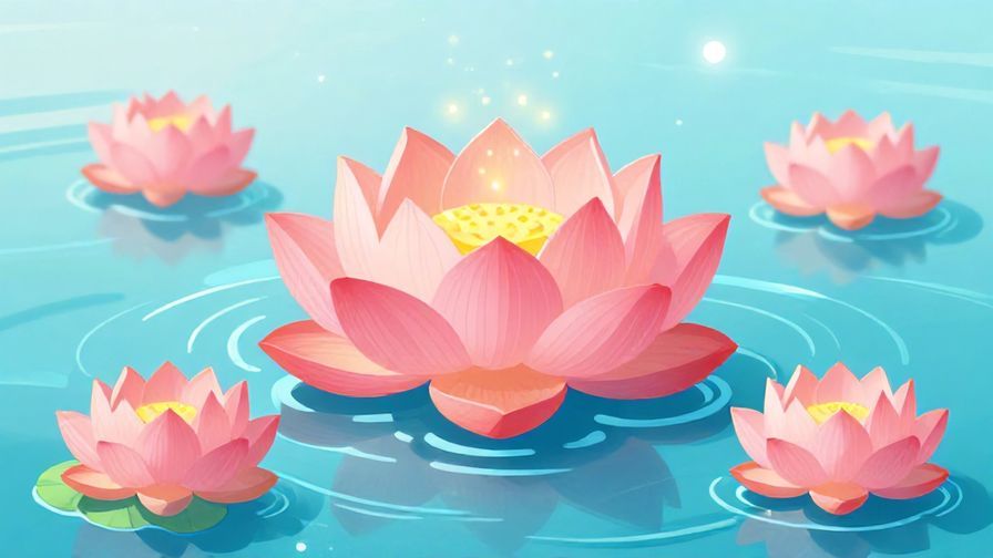 Illustration of blooming lotus flowers emerging from clear water, symbolizing purity and positive karma, bright and hopeful colors