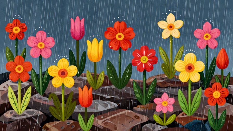 Illustration of bright flowers blossoming on rocky ground under rain, symbolizing beauty emerging from hardship, detailed background, vibrant colors, illustrated style