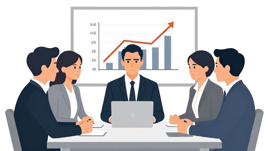 Illustration of businesspeople in a meeting with charts showing rising lines, serious faces