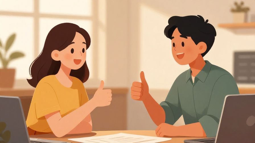 Illustration of coworkers greeting each other after work with relaxed smiles and thumbs up in an office setting, warm lighting