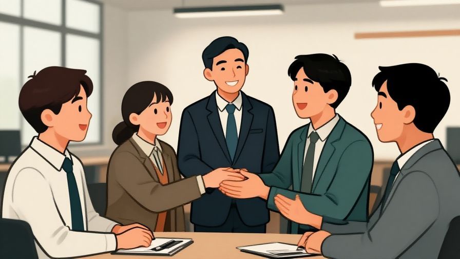 Illustration of coworkers greeting each other politely after work with warm smiles