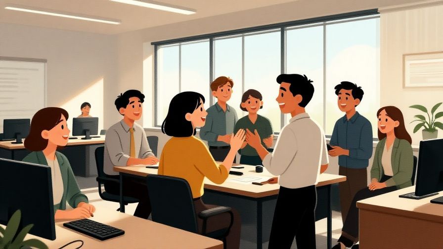 Illustration of coworkers greeting each other warmly in an office break room, afternoon sun streaming through windows, friendly expressions, illustrated style