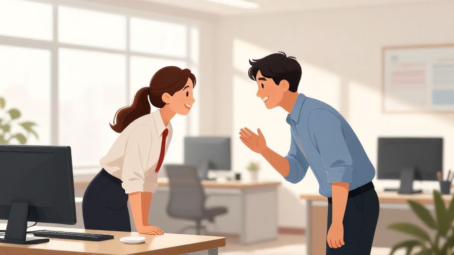 Illustration of coworkers greeting each other with smiles and slight bows in a bright office, morning scene