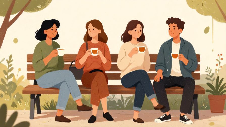 Illustration of coworkers sitting on a bench outside during afternoon, sipping tea and relaxing, casual atmosphere, warm colors