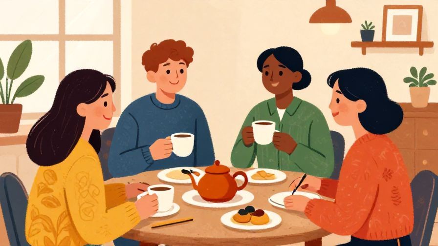 Illustration of coworkers smiling and relaxing after work with cups of tea, warm indoor setting, vibrant colors, illustrated style