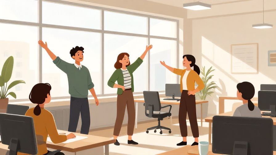 Illustration of coworkers stretching and chatting during a break in a bright office with large windows, illustrated style