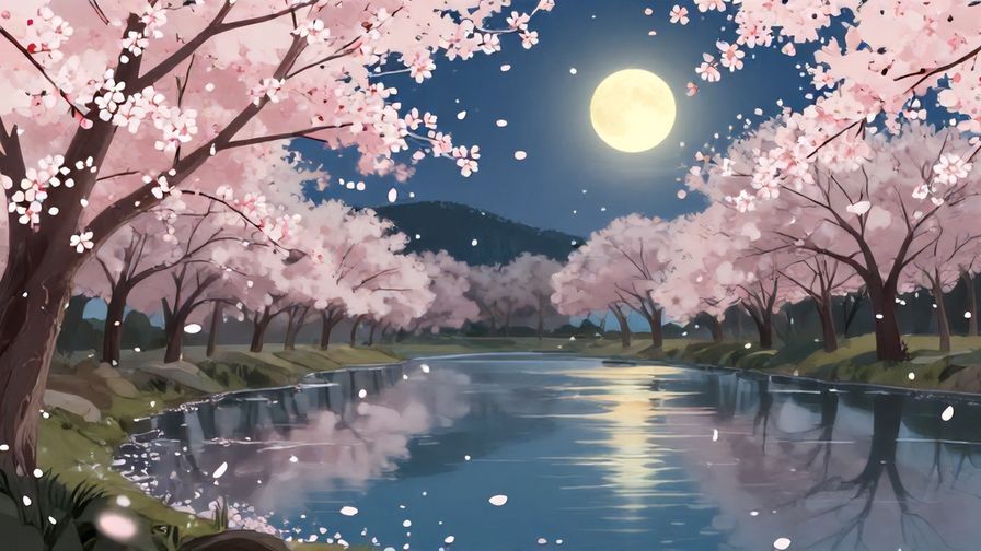 Illustration of delicate cherry blossoms falling gently onto a calm pond, with a glowing moon in the background, serene and elegant style