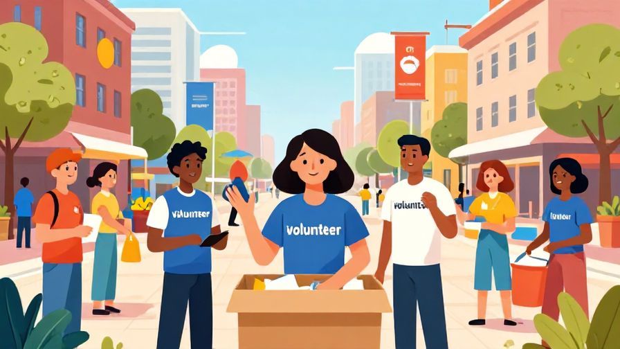 Illustration of diverse people in a city plaza volunteering together, colorful banners and smiling faces