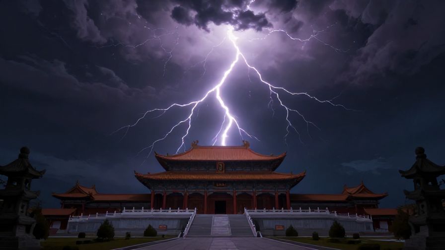 Illustration of dramatic lightning striking over a serene temple, symbolizing divine punishment and karmic justice, dark and vibrant contrast