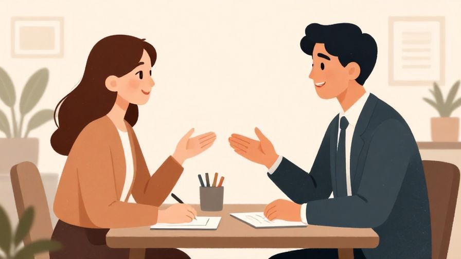 Illustration of elegant office setting with two people politely chatting, symbolizing formal conversation about change, soft lighting, illustrated style