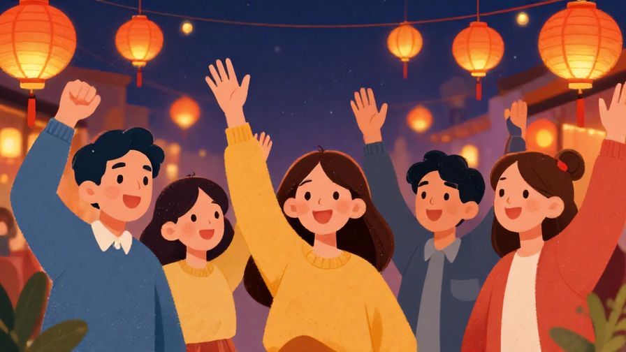 Illustration of excited friends raising their hands in celebration, festival background with lanterns, vibrant colors, illustrated style
