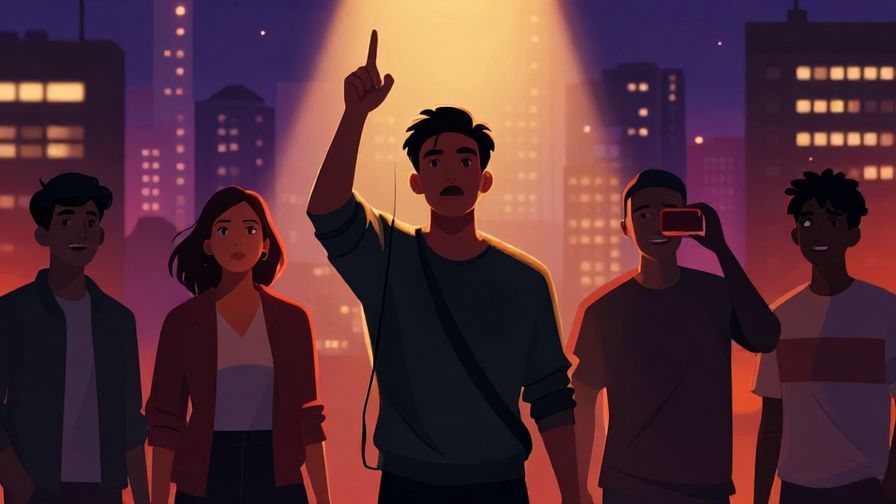 Illustration of eyewitnesses watching an event unfold, dramatic lighting, vibrant cityscape background