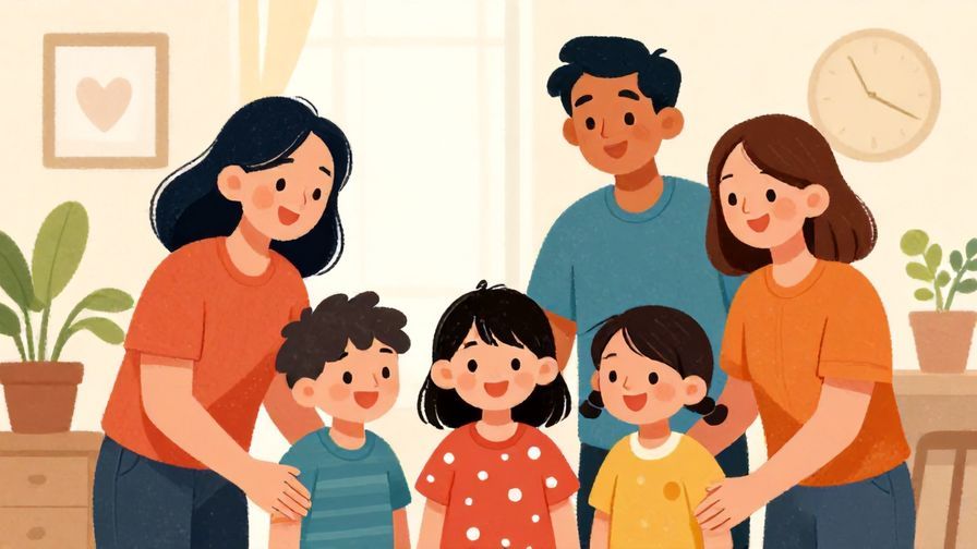 Illustration of family members helping each other with smiling faces, vibrant colors, illustrated style
