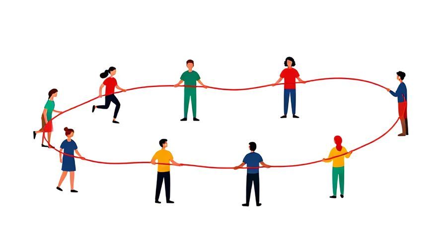 Illustration of flowing red threads extending endlessly between people, symbolizing ongoing blood connections, vibrant colors, illustrated style