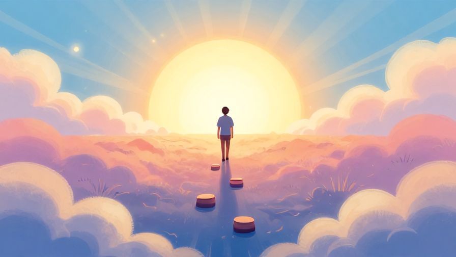 Illustration of footsteps leading toward a bright horizon with soft clouds, hopeful mood, vibrant colors, illustrated style