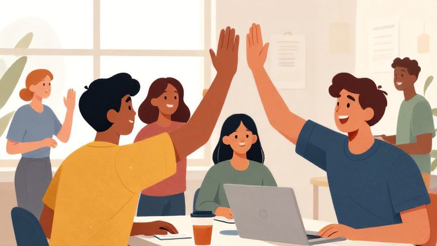 Illustration of friends giving each other high-fives after work in a lively afternoon setting, energetic and fun atmosphere