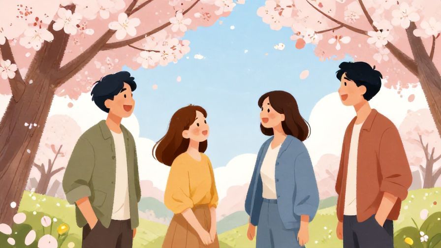 Illustration of friends laughing together under cherry blossoms, casual and warm atmosphere, bright colors, illustrated style