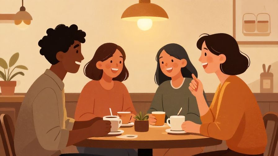 Illustration of friends laughing together while waiting in a cozy café, warm tones, inviting atmosphere