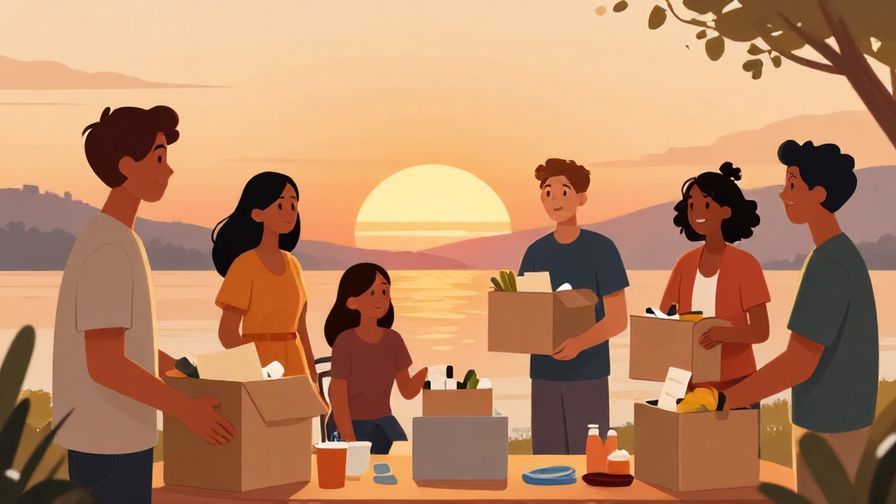 Illustration of friends packing up after an event with a sunset background, relaxed and happy expressions, warm colors