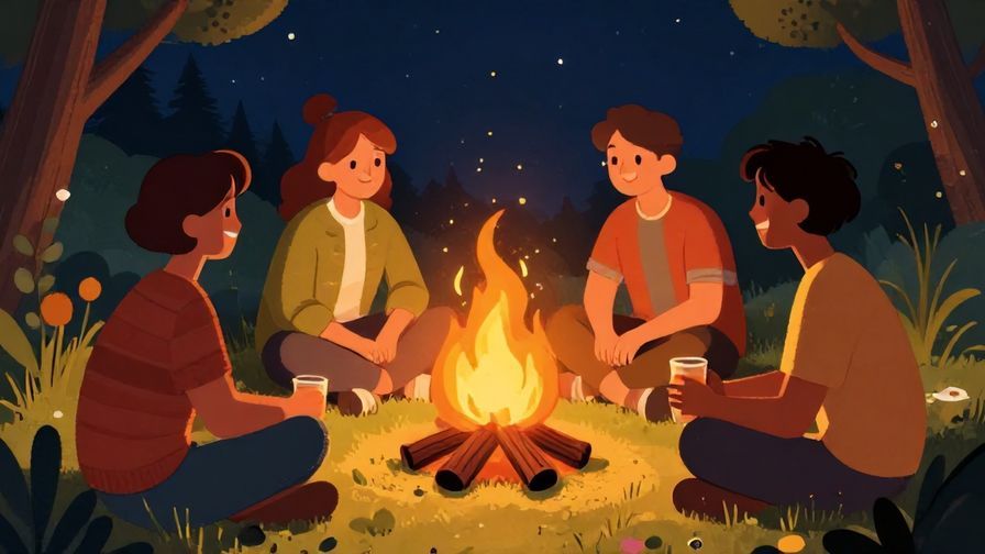 Illustration of friends sitting around a campfire at night, smiling and enjoying the moment, warm lighting, vibrant colors, illustrated style