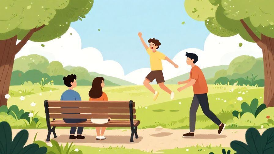 Illustration of friends sitting on a bench in a park, one suddenly jumping up surprised as another arrives, bright afternoon