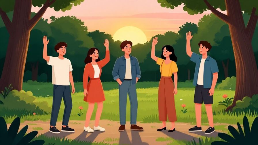 Illustration of friends waving goodbye casually in a park during sunset