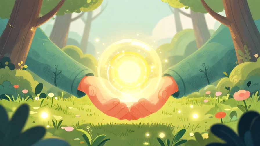 Illustration of hands exchanging glowing orbs in a serene garden, symbolizing giving and receiving as karma, calm and balanced colors