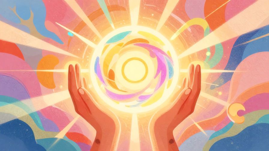 Illustration of hands giving and receiving a glowing orb symbolizing energy or karma, surrounded by abstract shapes and soft light rays, vibrant colors, illustrated style