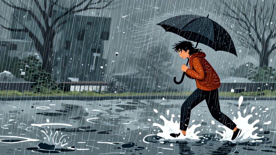 Illustration of heavy rain pouring down in thick sheets, puddles splashing, and a person struggling with a strong wind under an umbrella, dramatic and energetic colors