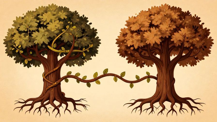 Illustration of intertwined vines and roots connecting two ancient trees, symbolizing karmic ties and destiny, warm earth tones
