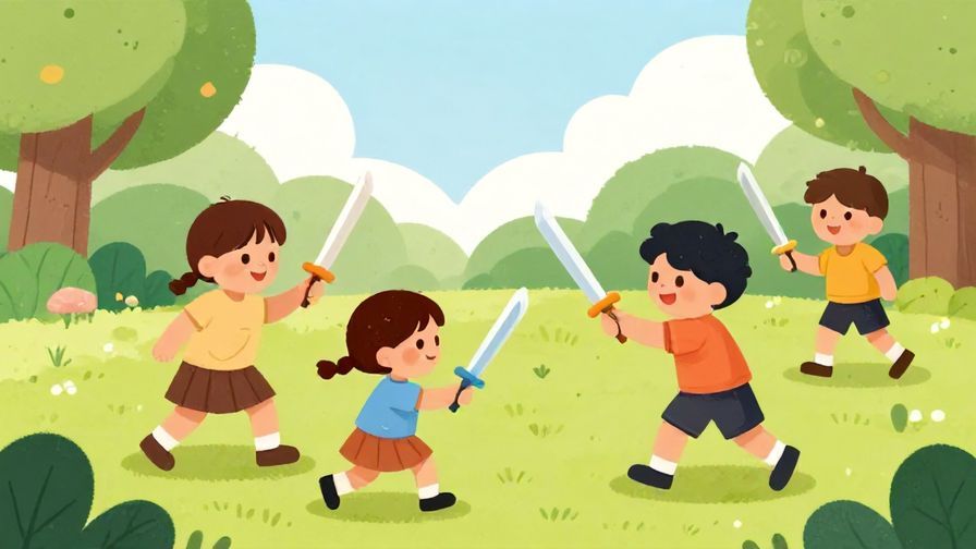 Illustration of kids or friends play-fighting with toy swords in a park, cheerful and playful atmosphere