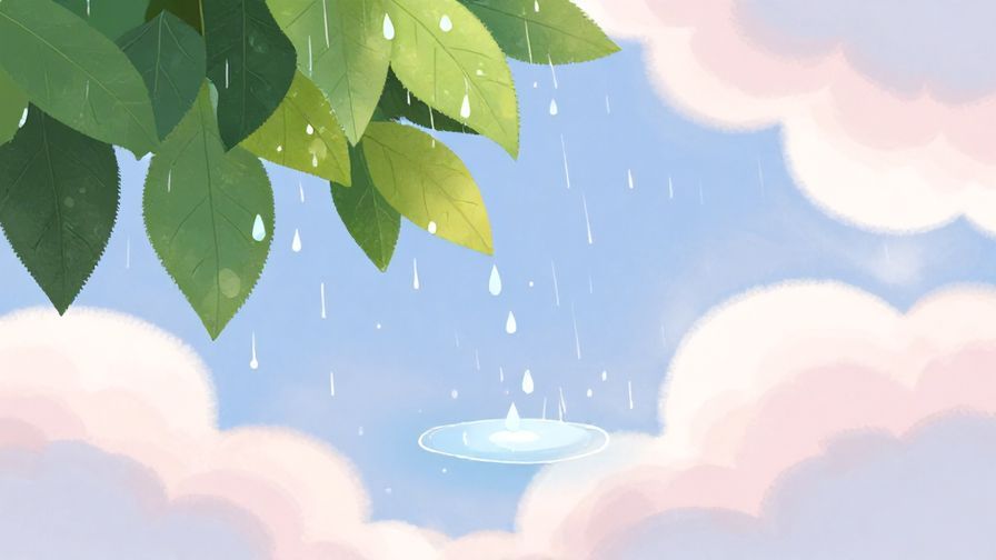 Illustration of light raindrops falling softly on leaves and a small puddle forming, with a gentle cloudy sky and soft pastel colors