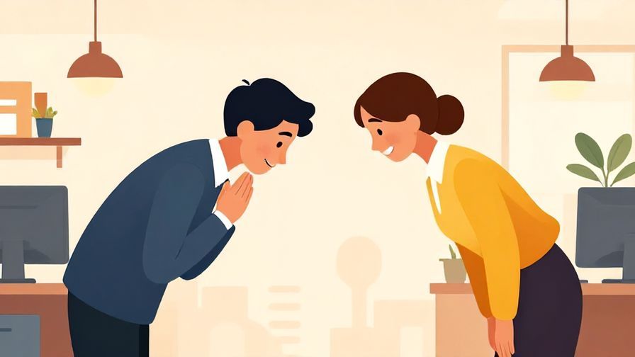 Illustration of office workers exchanging polite bows with a modern office background, warm lighting, vibrant colors