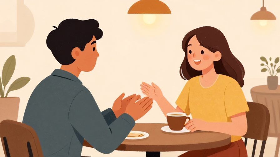 Illustration of one friend greeting another arriving early to a cafe, warm colors, friendly smiles