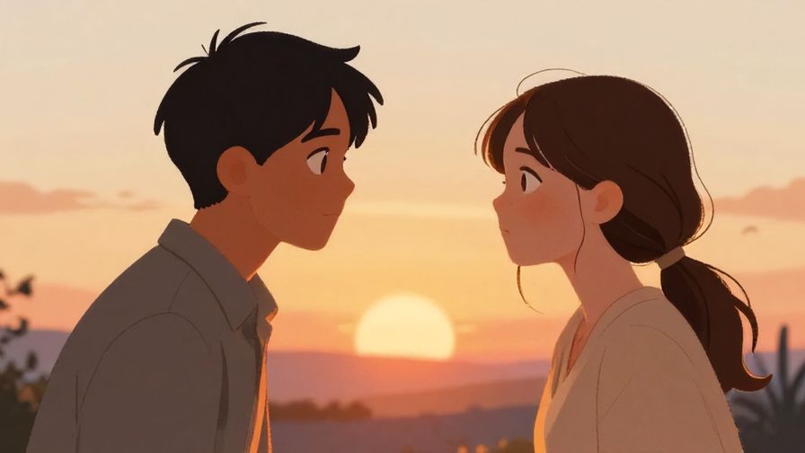 Illustration of one person encouraging another with a firm but kind gaze, sunset background, warm colors, motivating and emotional, illustrated style