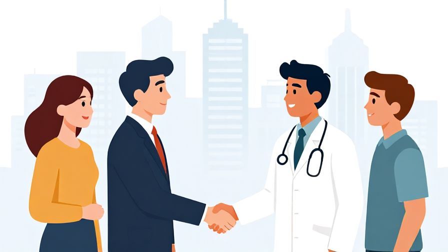 Illustration of people from different professions shaking hands in front of a cityscape, cooperative and hopeful mood