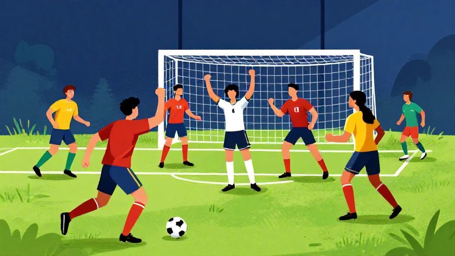 Illustration of players celebrating a goal on a soccer field, vibrant colors, illustrated style