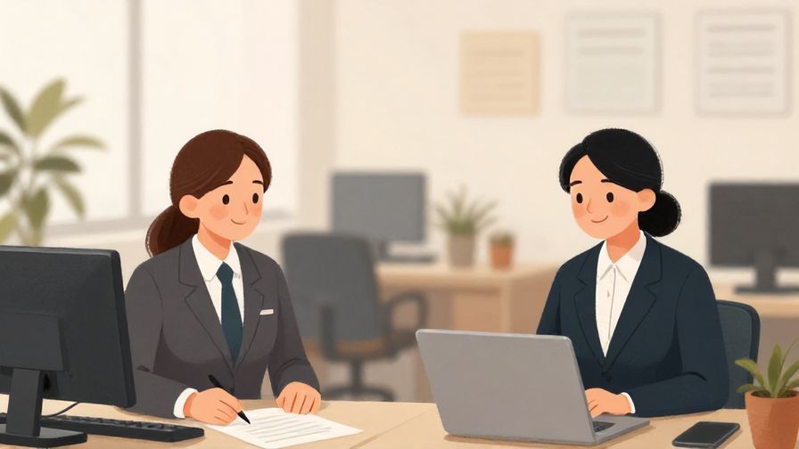 Illustration of polite coworkers smiling softly as they lean back in chairs, calm office environment, illustrated style